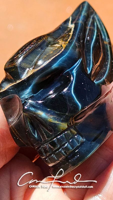 Blue Tiger Eye (Rare) Mystic Traveler Skull, Einstein Imprinted "SANTA FE"