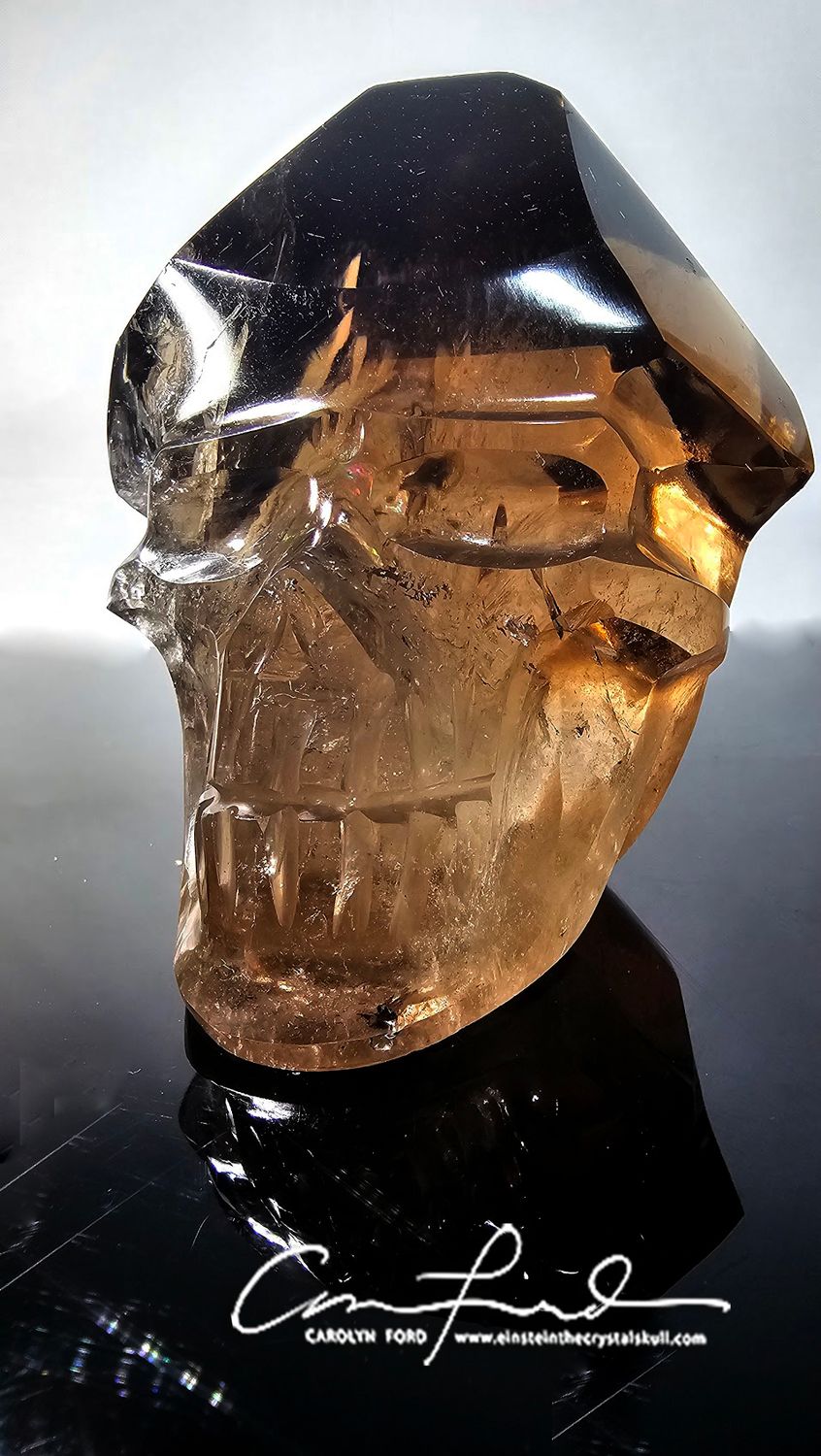 Smokey Citrine Clear "Natural Point" Crystal Skull Einstein Imprinted, "HERMES"
