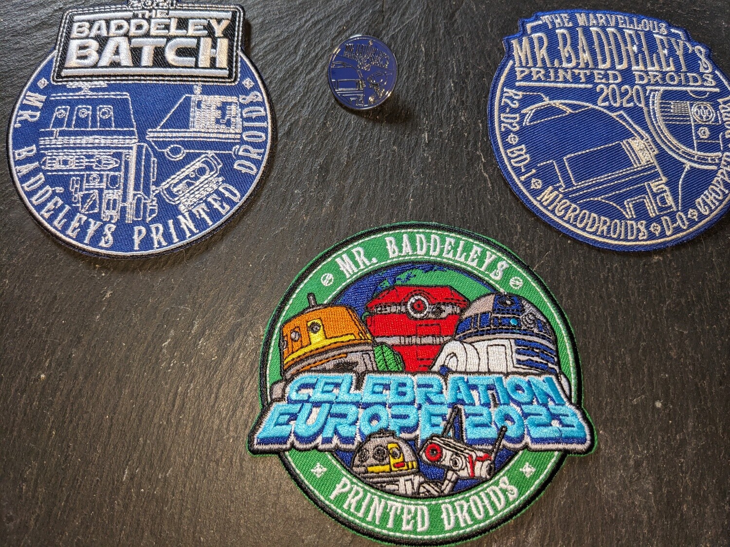Mr Baddeleys Printed Droids Triple Patch &amp; Pin Badge Set *Shipping included to all countries