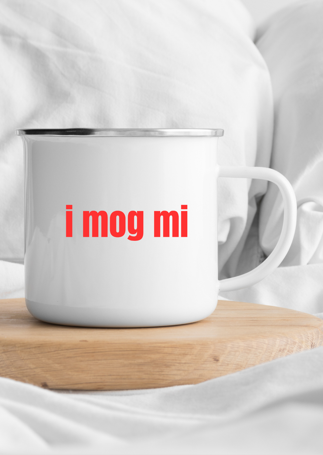 Emaille Becher mit Spruch i mog mi