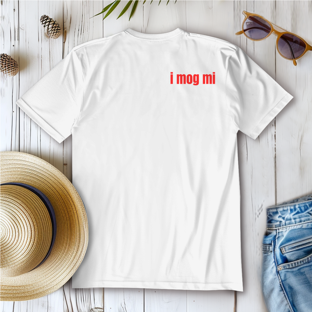 weißes T-Shirt mit dem Spruch i mog mi in rot
