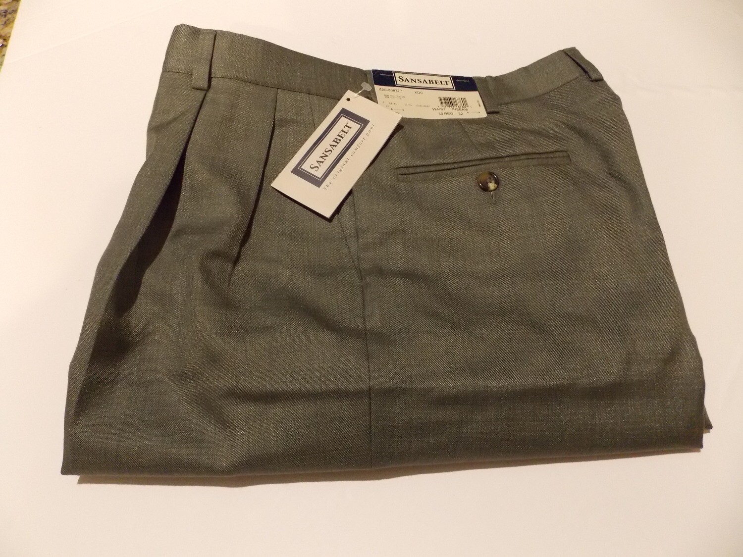 30R Genuine Sansabelt Sharkskin Olive Pleated Front with belt loops and cuffed at 32&quot;