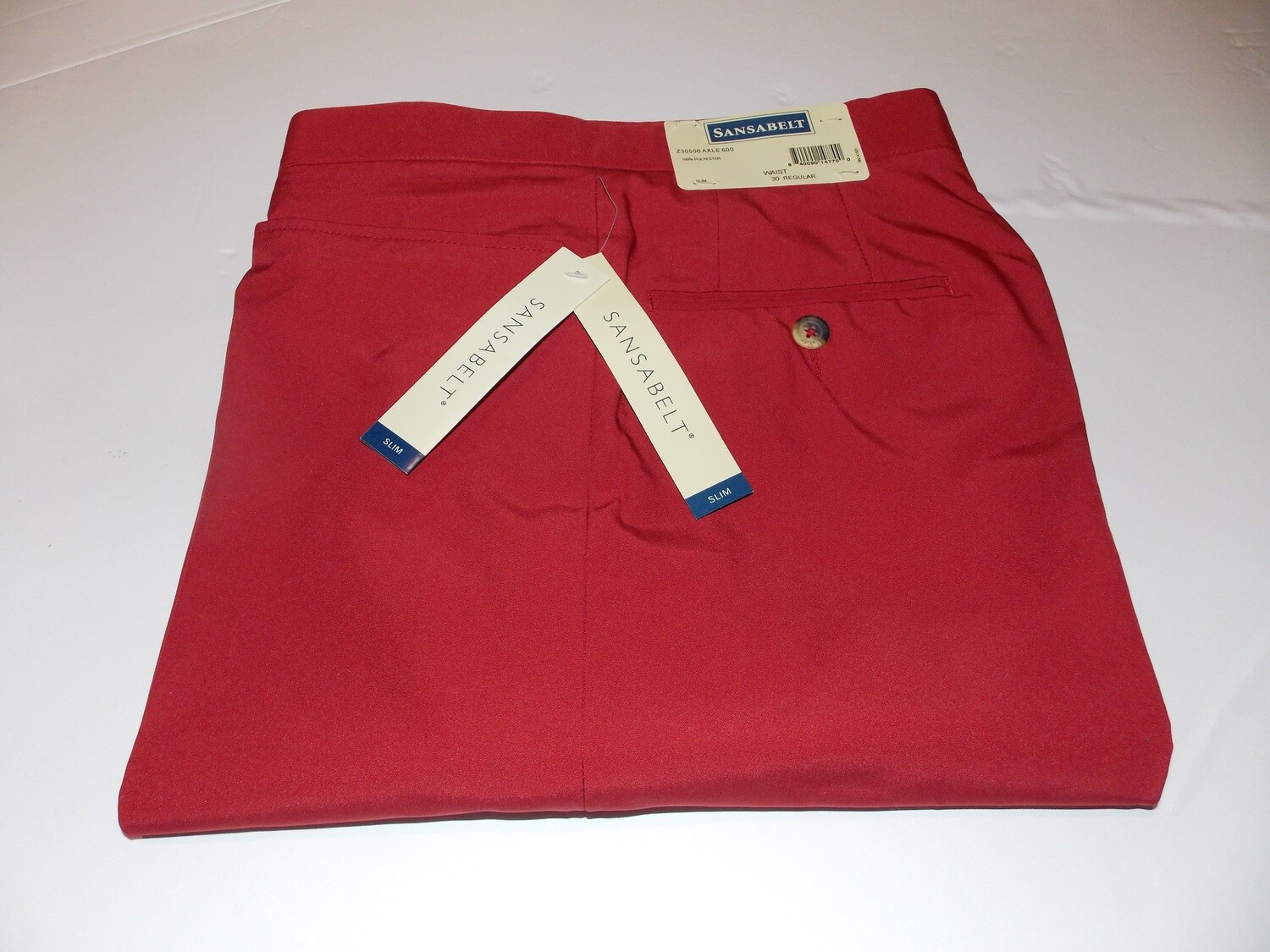 30R Genuine Sansabelt Red Poplin ( Slim Fit) 100% Polyester  Flat Front Top Western Pocket  Washable