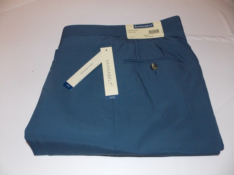 30R Genuine Sansabelt Blue Poplin ( Slim Fit) 100% Polyester Flat Front Top Western Pocket Washable