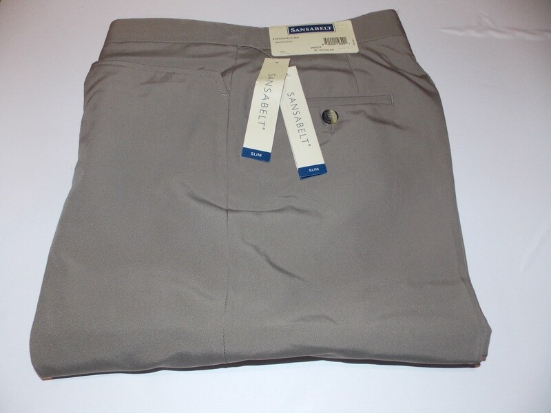 30R Genuine Sansabelt Taupe Poplin ( Slim Fit) 100% Polyester Flat Front Top Western Pocket Washable
