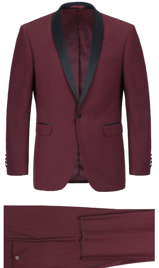 Burgundy Micro-Tech Shawl Collar Tuxedo with Black Trim Slim Fit