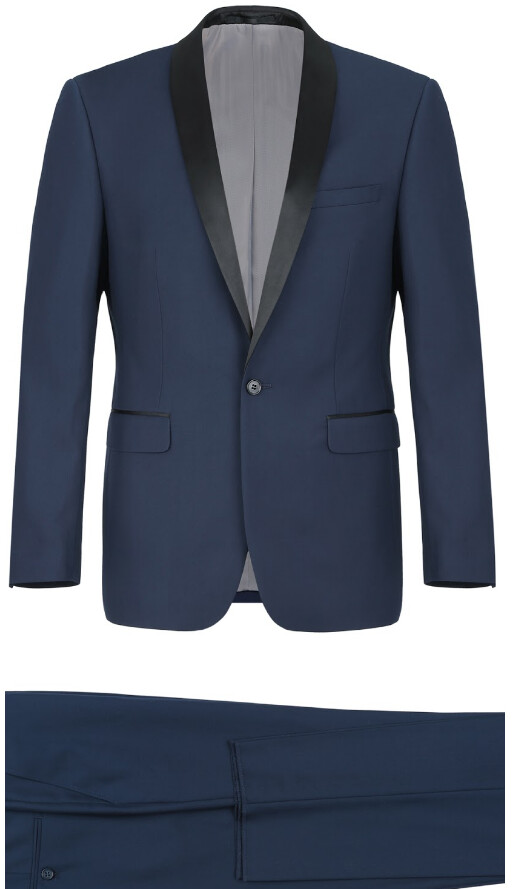New Blue Micro-Tech Shawl Collar Tuxedo with Black Trim Slim Fit