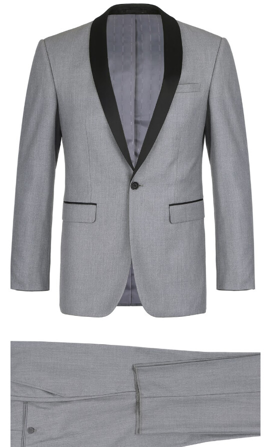 Lt Grey Micro-Tech Shawl Collar Tuxedo with Black Trim Slim Fit