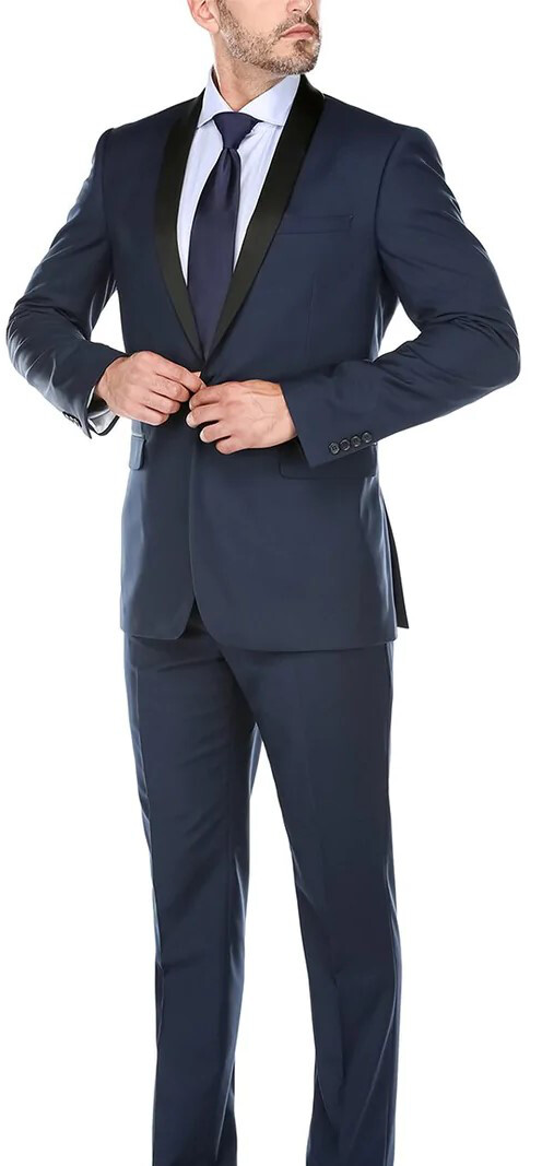 New Blue Micro-Tech Shawl Collar Tuxedo with Black Trim Slim Fit