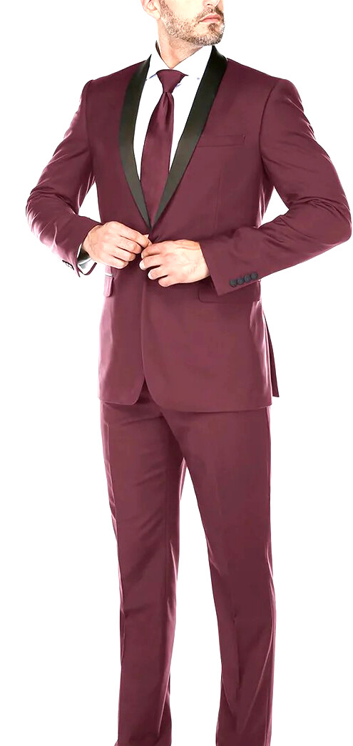 Burgundy Micro-Tech Shawl Collar Tuxedo with Black Trim Slim Fit