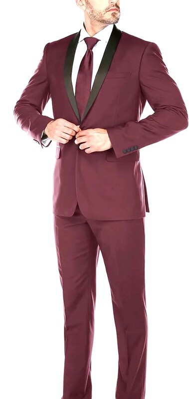 Burgundy Micro-Tech Shawl Collar Tuxedo with Black Trim Slim Fit