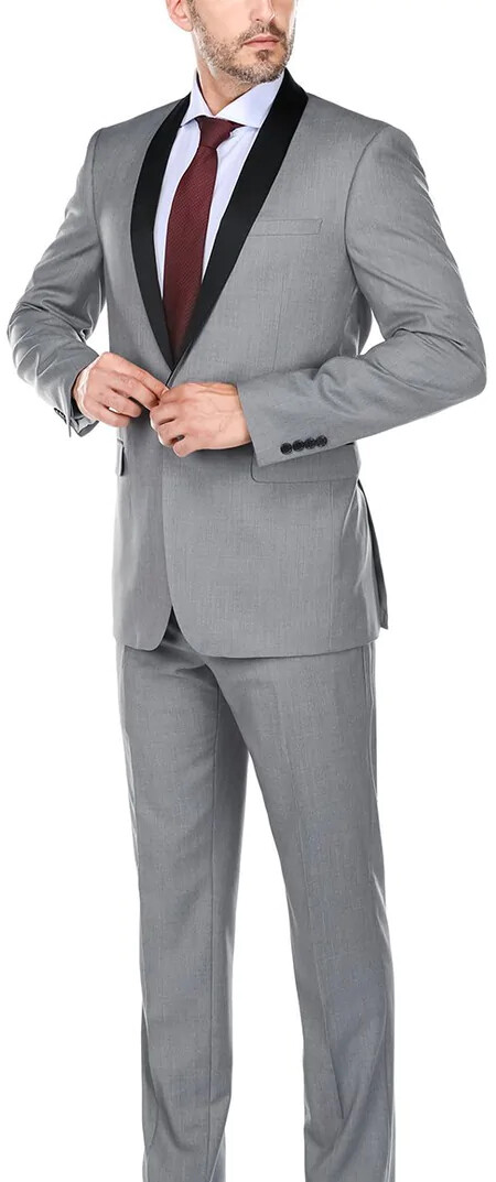 Lt Grey Micro-Tech Shawl Collar Tuxedo with Black Trim Slim Fit
