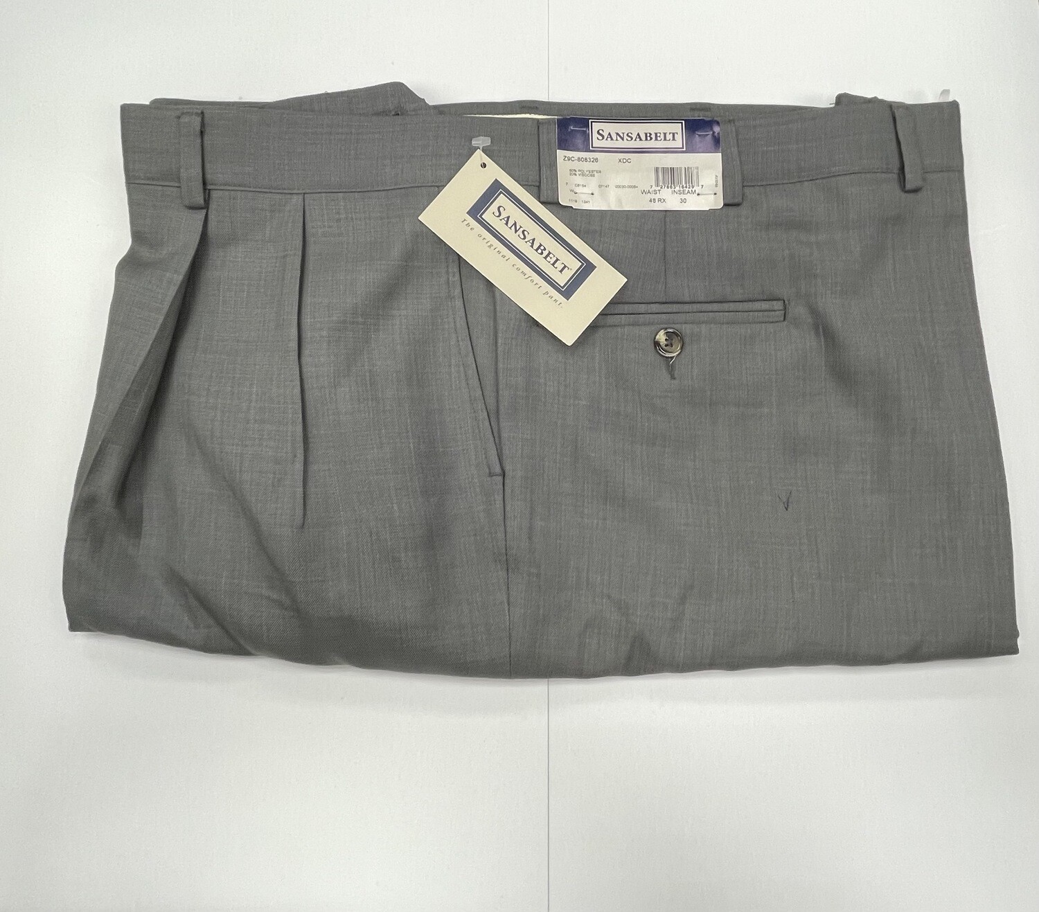 54R Genuine Sansabelt 4 Seasons Pants - (Medium Grey) - 65% Poly/35% Wool - Pleated Front - Side Pocket - Washable