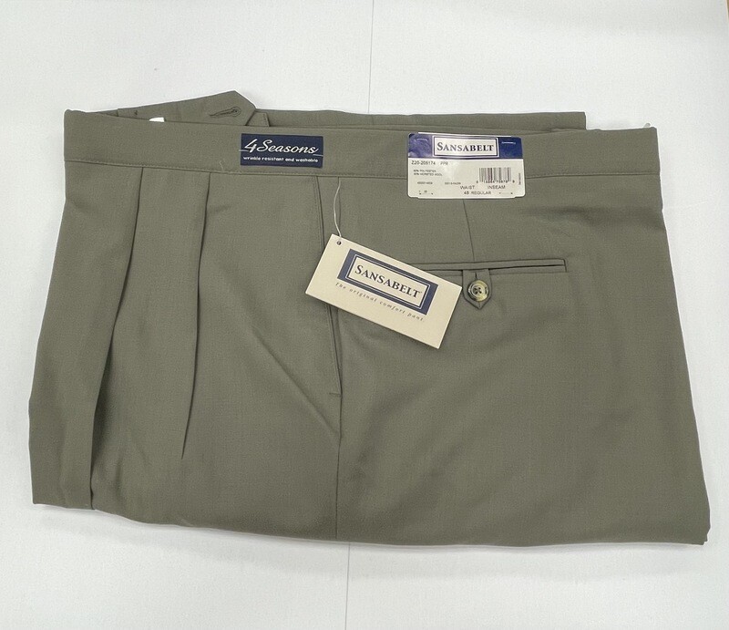 48R Genuine Sansabelt 4 Seasons Pants - (Olive) - 65% Poly/35% Wool - Pleated Front - Side Pocket - Washable