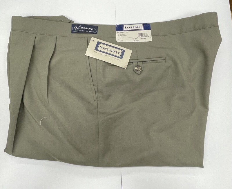 48L Genuine Sansabelt 4 Seasons Pants - (Olive) - 65% Poly/35% Wool - Pleated Front - Side Pocket - Washable