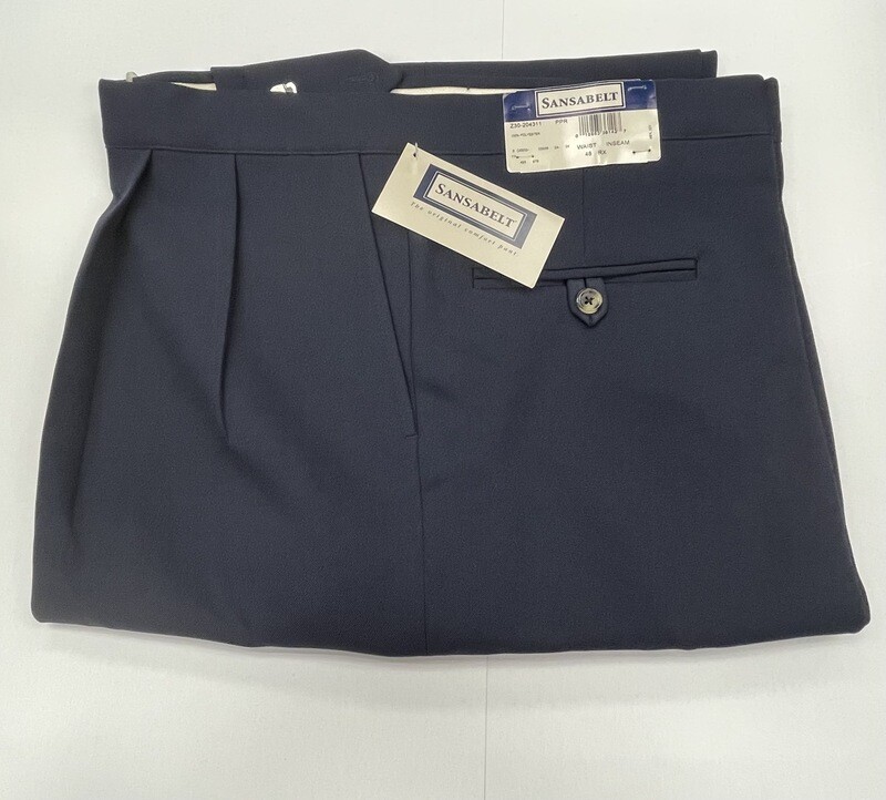 48R Genuine Sansabelt Pants - (Navy Blue) - 100% Polyester - Pleated Front - Side Pocket - Washable