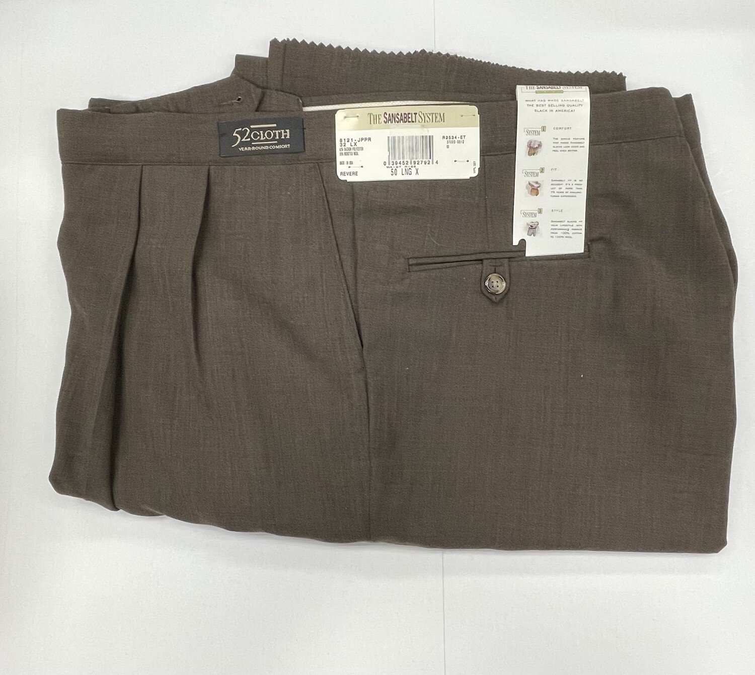 54 Genuine Sansabelt 52 Cloth Pants - (Dark Brown) - 65% Polyester/35% Wool - Pleated Front - Side Pocket - Washable
