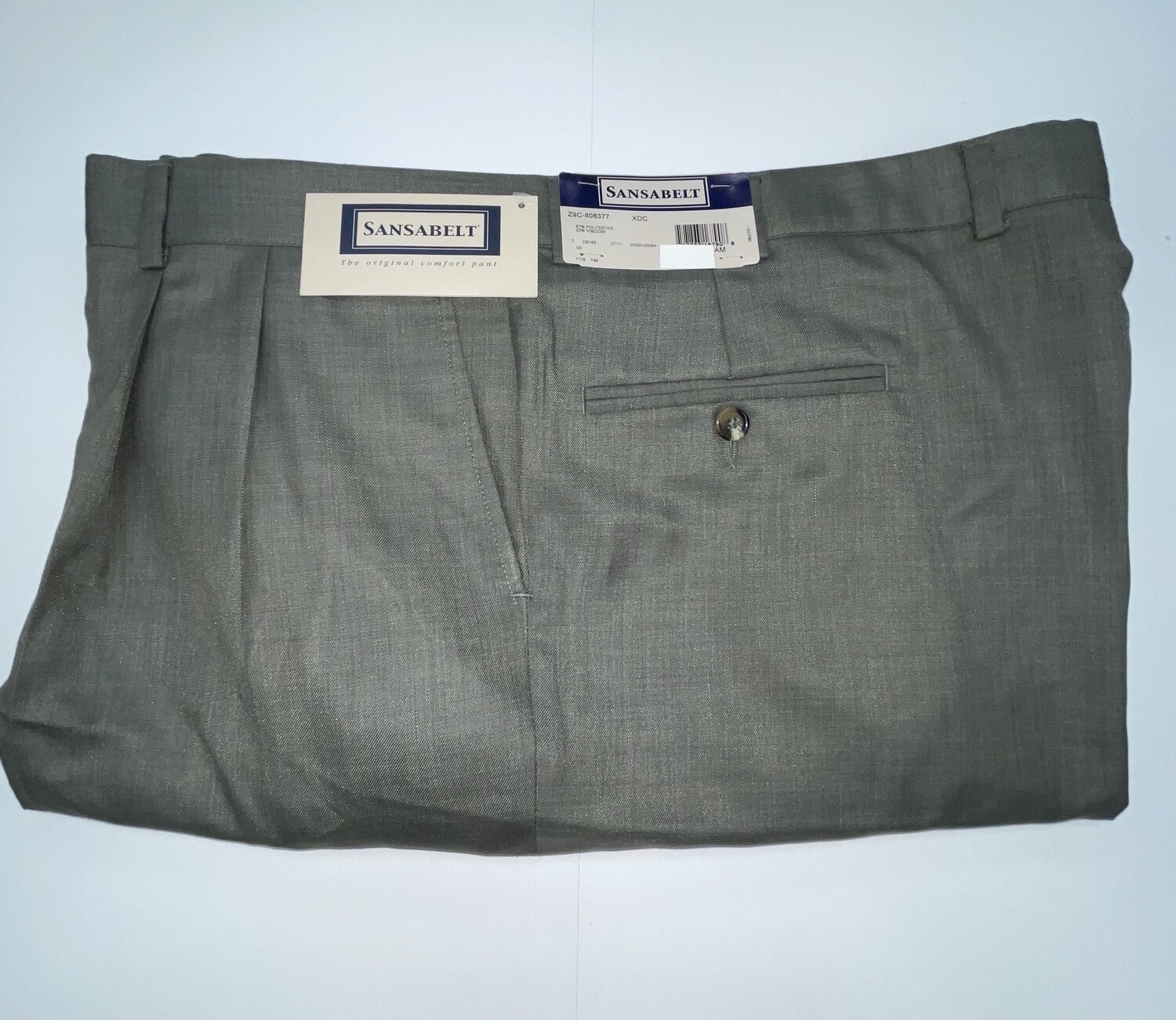 48R Genuine Sansabelt Pants - (Olive Green) - 80% Polyester/20% Viscose - Pleated Front - Side Pocket - Belt Loops - Washable