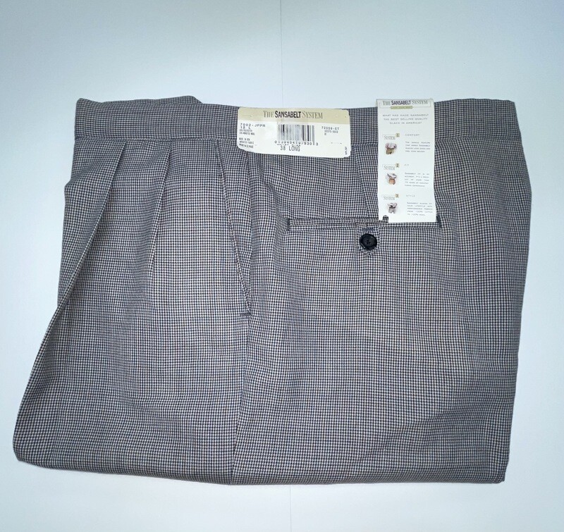38L Genuine Sansabelt Pants - (Red/Blue Check) - 65% Polyester/35% Wool - Pleated Front - Side Pocket - Washable