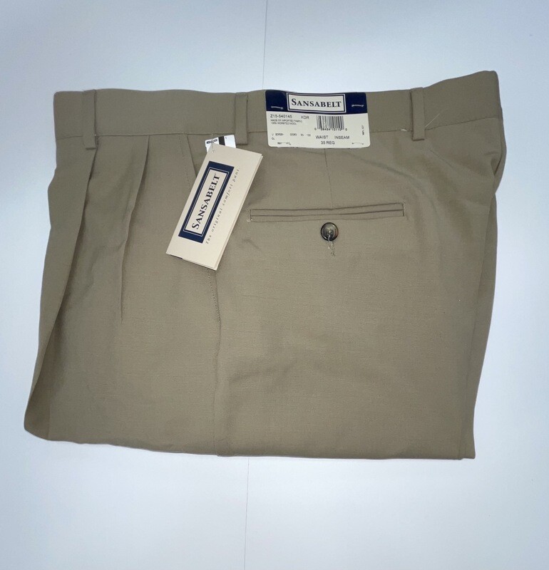 35R Genuine Sansabelt Pants - (Tan) - 100% Wool- Pleated Front - Side Pocket - Washable