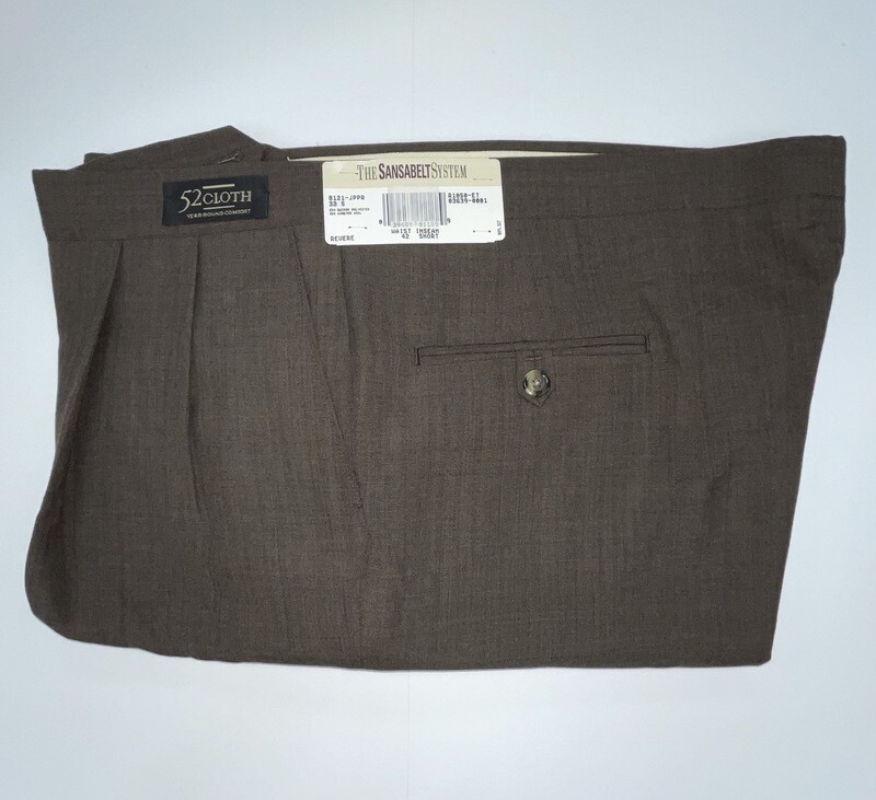 42S Genuine Sansabelt 52 Cloth Pants - (Brown) - 65% Polyester/35% Wool- Pleated Front - Side Pocket - Washable