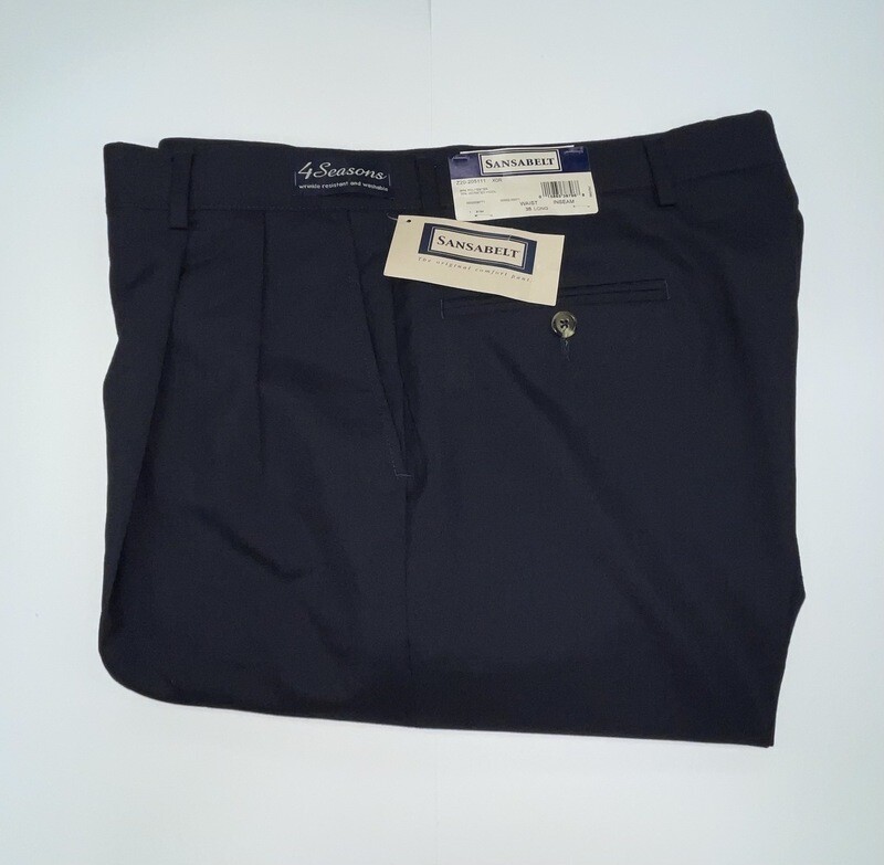 36L Genuine Sansabelt 4 Seasons Pants - (Navy) - 65% Polyester/35% Wool- Pleated Front - Side Pocket - Washable