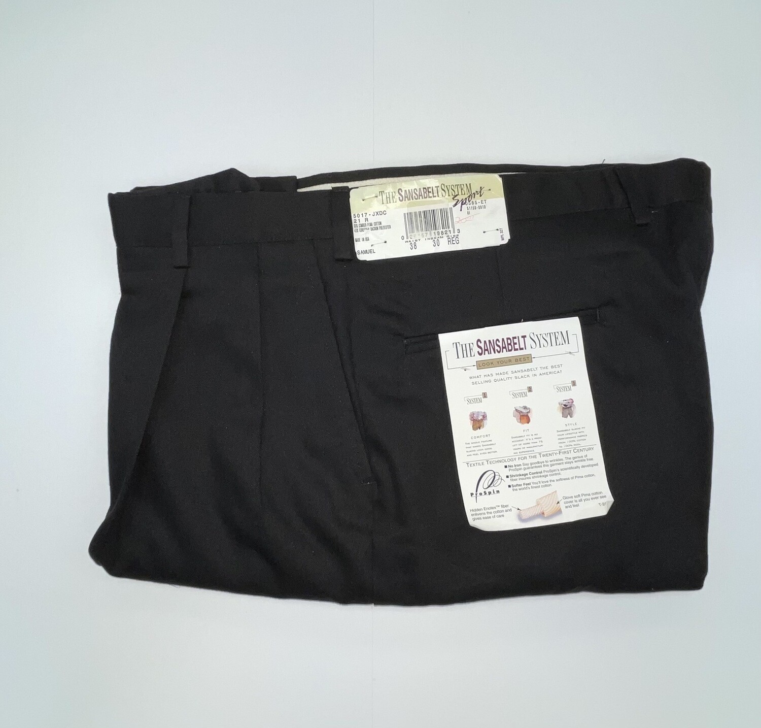 38R x 30 Genuine Sansabelt Pants - (Black) - 55% Cotton/45% Polyester - Pleated Front - Side Pocket - Washable