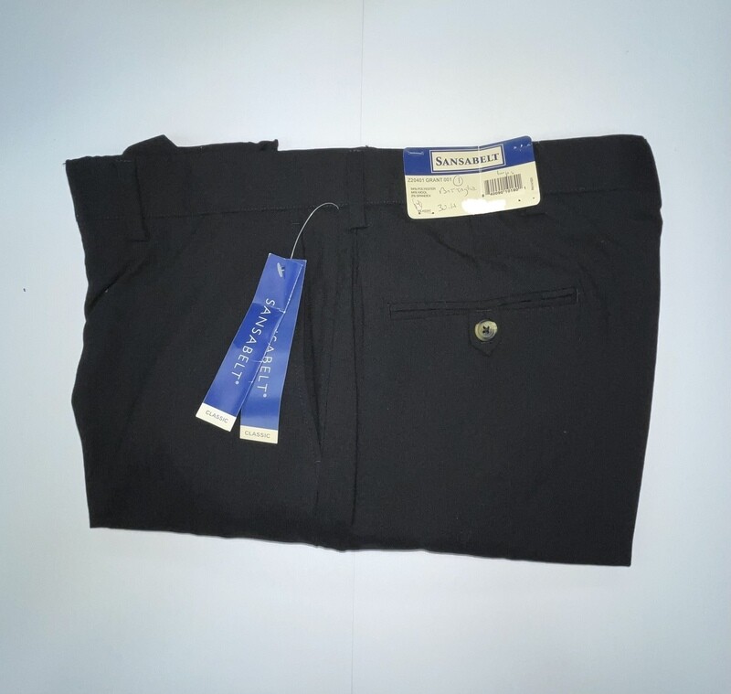 34R x 30 (up to 31.5) Genuine Sansabelt Pants - (Black) - 54% Polyester/44% Wool/2% Spandex - Plain Front - Side Pocket - Washable - Belt Loops Added