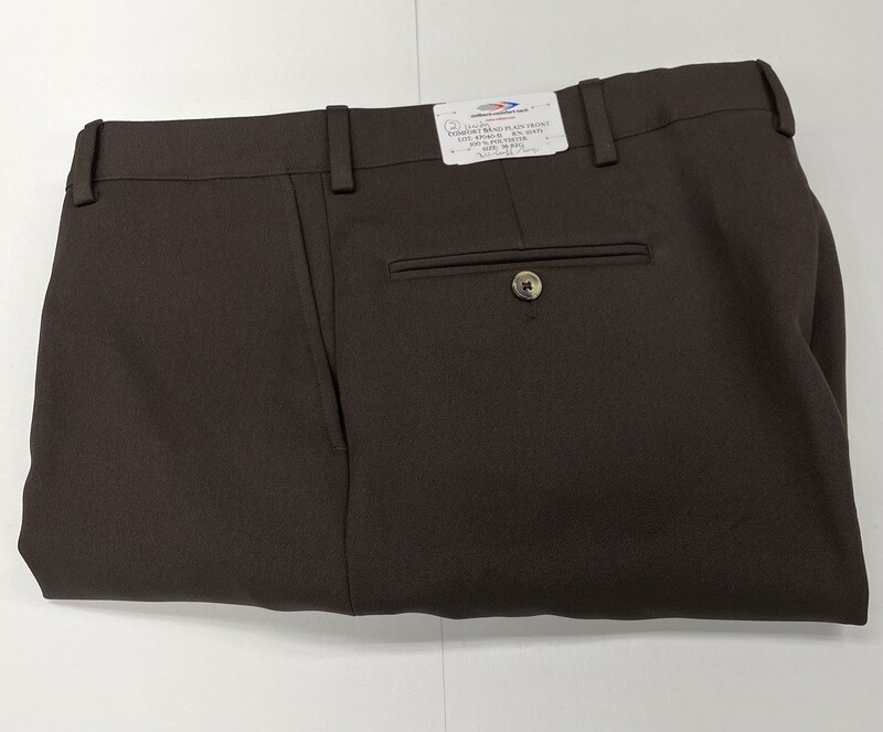 36R x 30 (up to 31.5) Genuine Milbern Comfort Tech Gabardine Twill Pants - (Dark Brown) - 100% Polyester - Plain Front - Side Pocket - Belt Loops Added - Washable