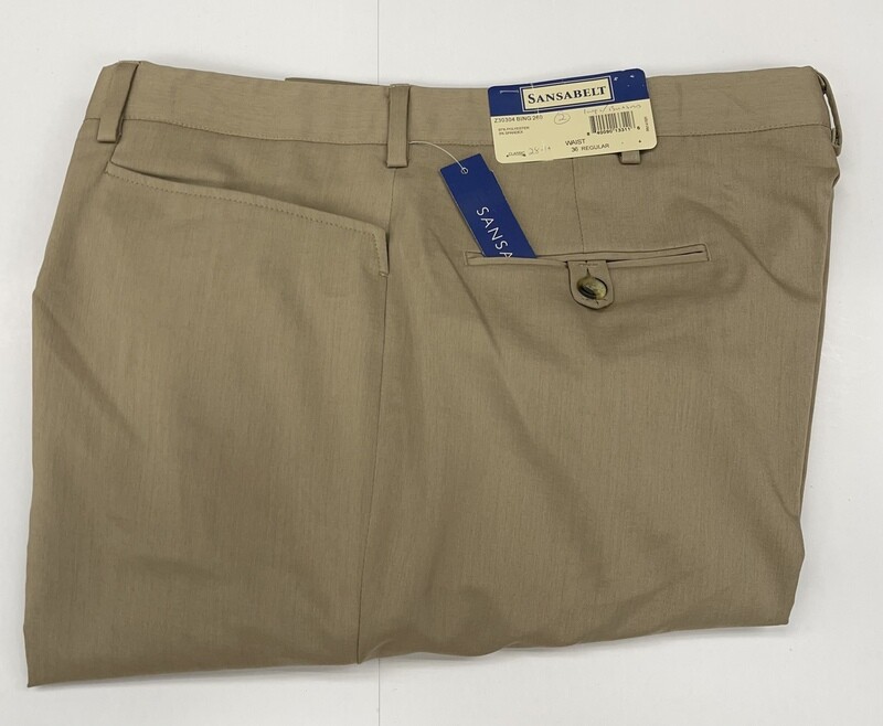 35R x 28 (up to 29.5) Genuine Sansabelt Pants - (Tan) - 97% Polyester/3% Spandex - Plain Front - Top Pocket - Belt Loops Added - Suspender Buttons Added - Washable