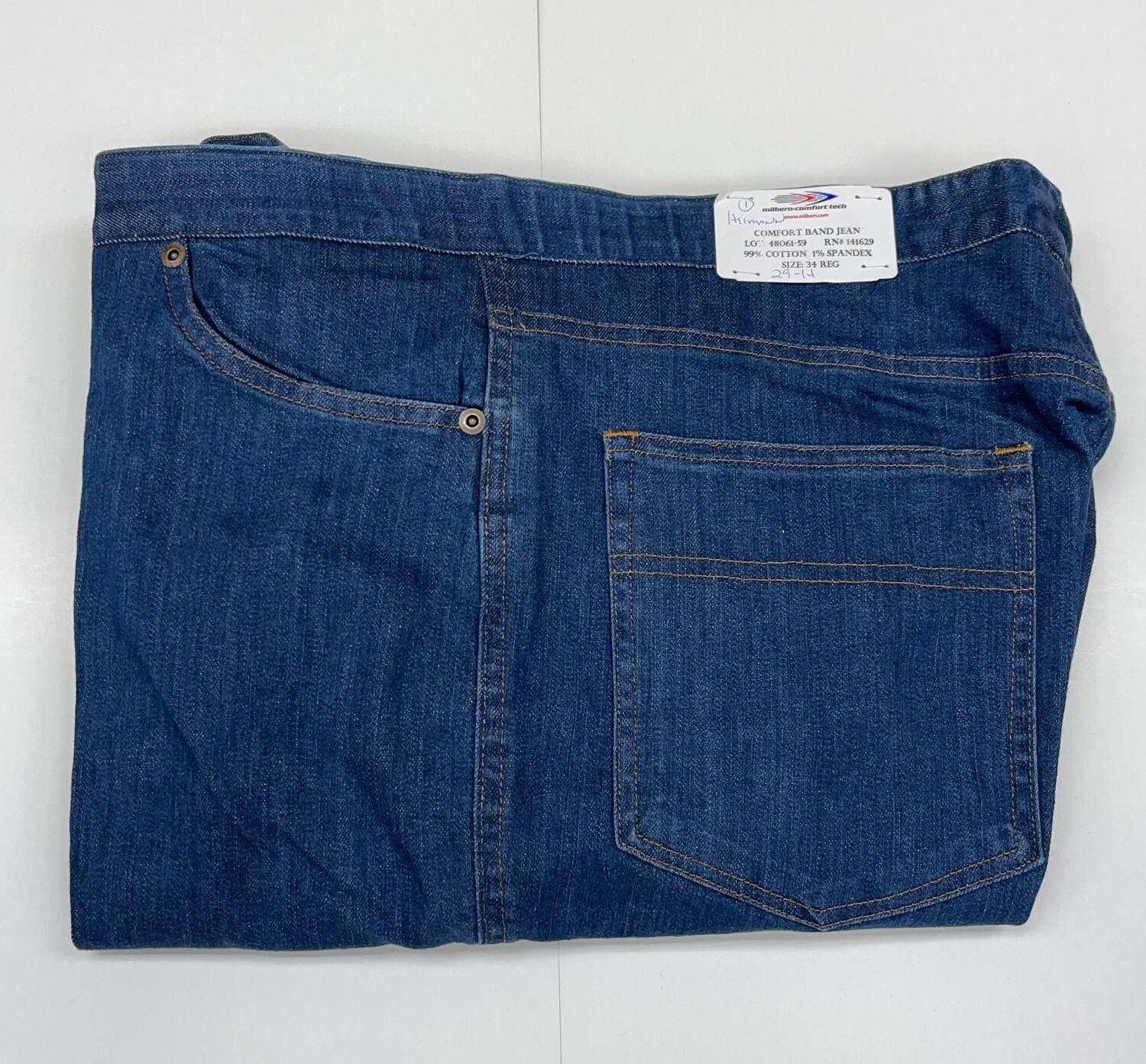 34R x 29 (up to 30.5) Genuine Milbern Comfort Tech Denim Jean - 99% Cotton/1% Spandex - Plain Front - Top Pocket - Washable