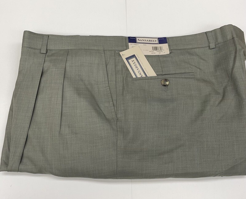 46R x 30 (up to 31.5) Genuine Sansabelt Sharkskin Pants - (Olive) - 80% Polyester/20% Viscose - Pleated Front - Side Pocket - Belt Loops and Cuffs Added - Washable