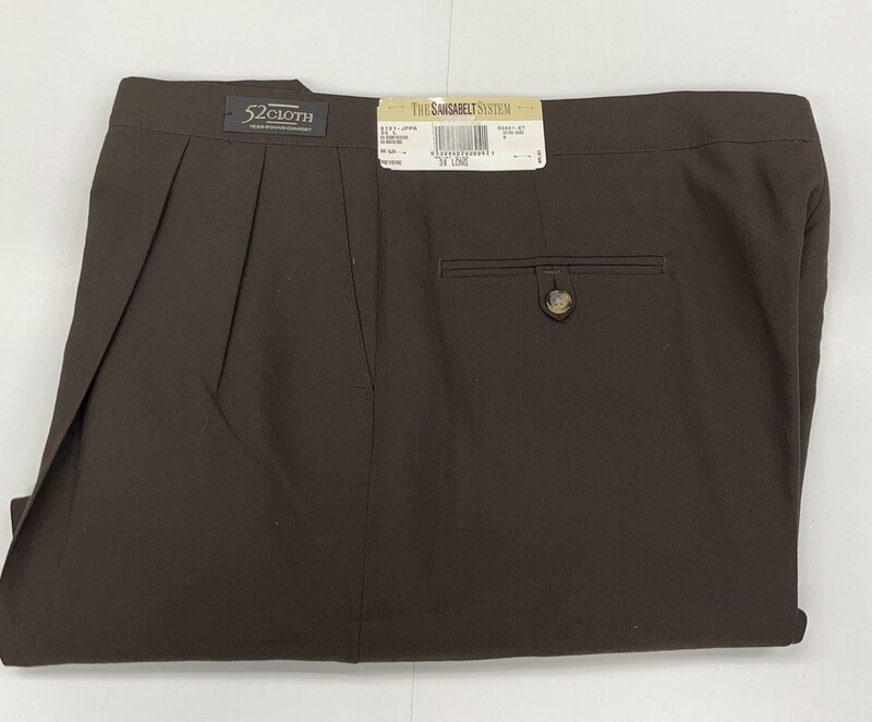 38L Genuine Sansabelt 52 Cloth Pants - (Dark Brown) - 65% Polyester/35% Wool - Plain Front - Side Pocket - Washable