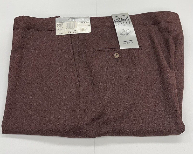 44R Genuine Sansabelt Gabardine Twill Pants- (Burgundy) - 100% Polyester - Plain Front - Side Pocket - Washable
