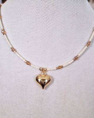 Collar Corazón Canutillos y cristal. Baño de Oro