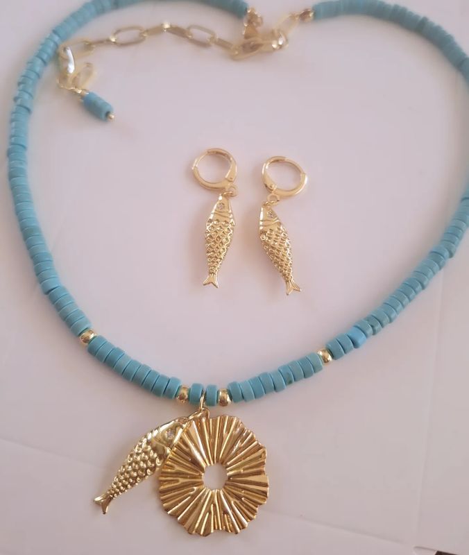 Collar Pez Sol Baño de Oro y Turquesa