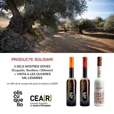 Pack producte solidari CEAR-Olis Cuquello + visita a les oliveres mil·lenàries de la Jana CEAR
