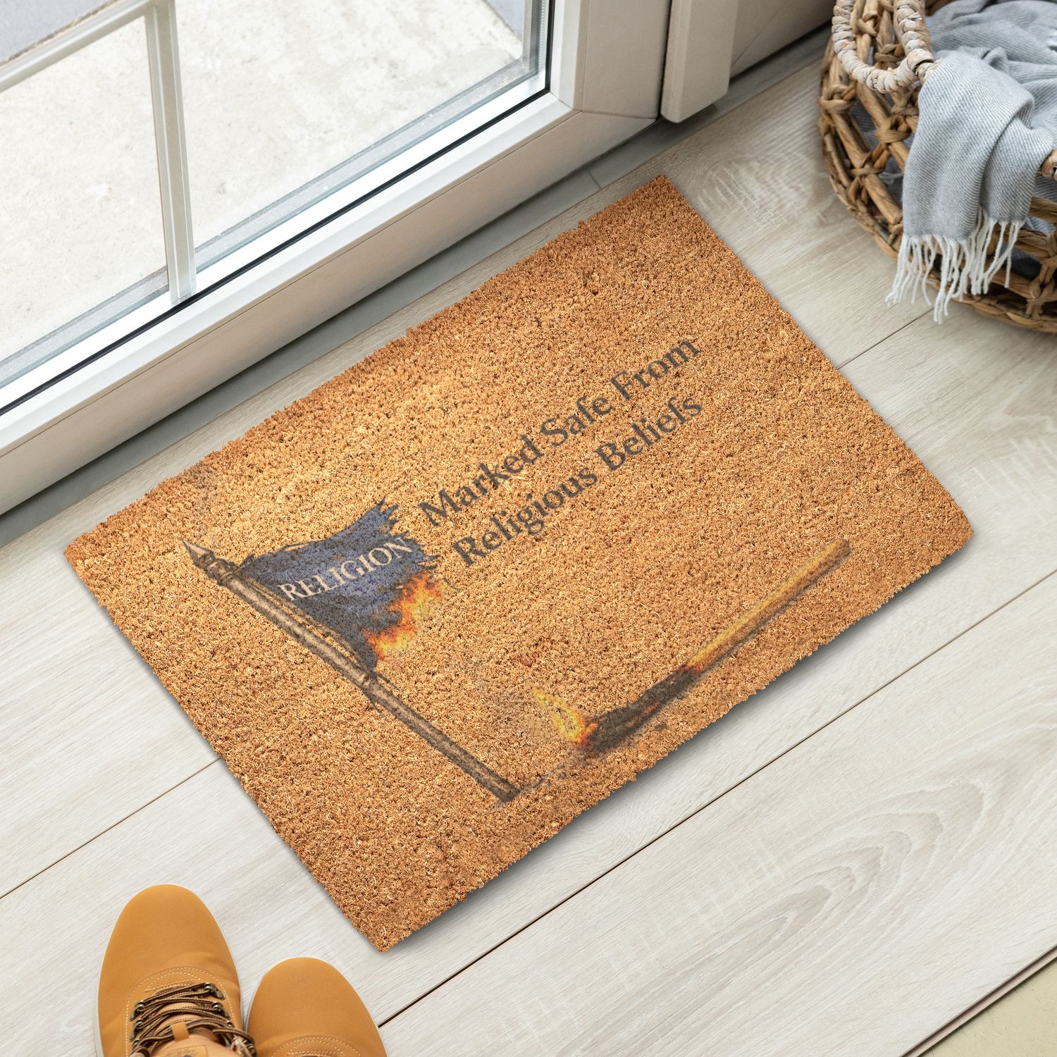 Marked Safe From Religious Beliefs Coir doormat