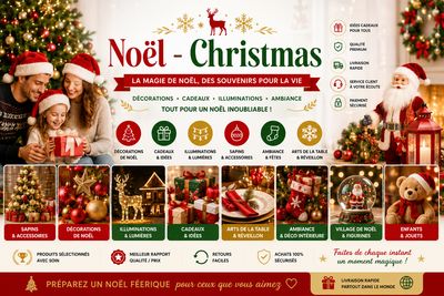 Décorations de Noël, sapin, cadeaux, illuminations et ambiance festive pour célébrer Christmas en famille.