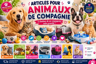 Chien et chat entourés d'accessoires, jouets, alimentation, couchages et équipements de bien-être pour animaux de compagnie.