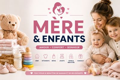 Maman avec ses enfants entourés d'articles pour bébé, jouets, vêtements et accessoires dédiés au confort et au bien-être