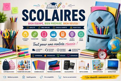 Fournitures scolaires, cartable, cahiers, trousses et accessoires éducatifs pour enfants, étudiants et enseignants.