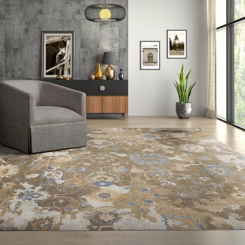 15'8''x15'9'' Hand Knotted Tibetan 100% Wool Oushak Transitional Oriental Area Rug Grayish Brown,Tan Color