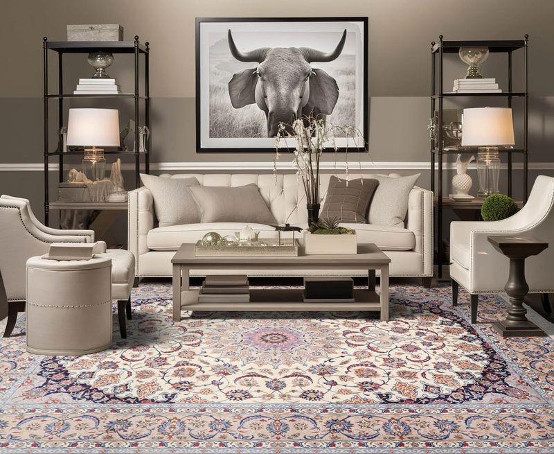 9x12 Cream, Taupe Hand Knotted Isfahan Wool and Silk Traditional 400 KPSI Oriental Area Rug