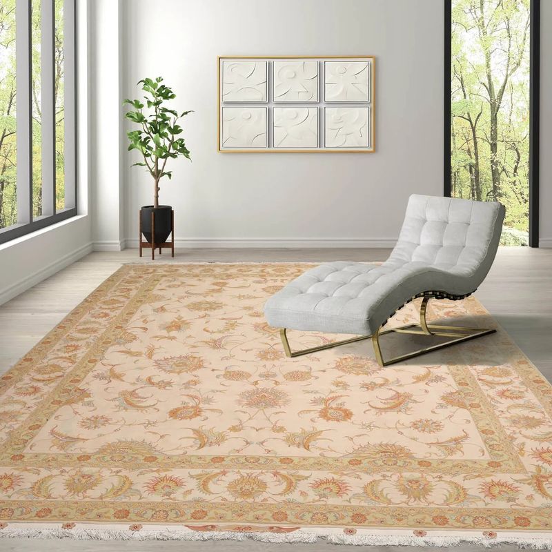 8x10 Hand Knotted Wool and Silk Traditional 350 KPSI Oriental Area Rug Ivory, Mint Color