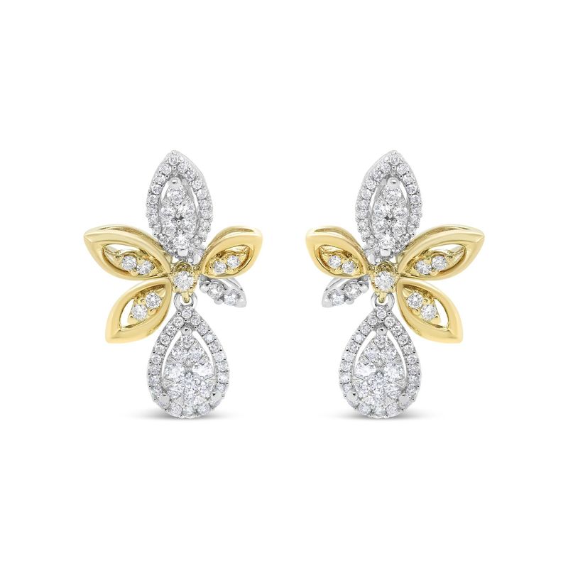 14K White and Yellow Gold 1.00 Cttw Round Pave-Set Diamond Teardrop and Marquise Shape Drop Dangle Earrings (H-I Color, SI1-SI2 Clarity)