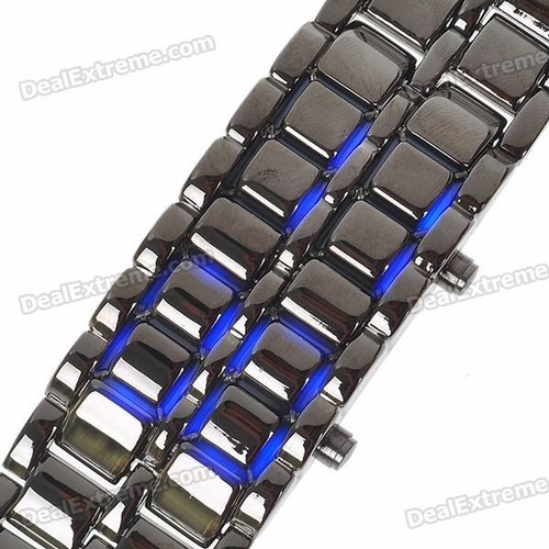 Stylish 8-LED Blue Light Digit Stainless Steel Bracelet Wrist Watch - Black