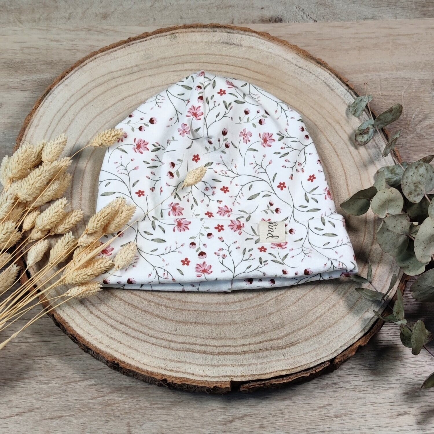Jersey Mütze - kleine rosa Blüte - Kopfumfang 36-38 cm