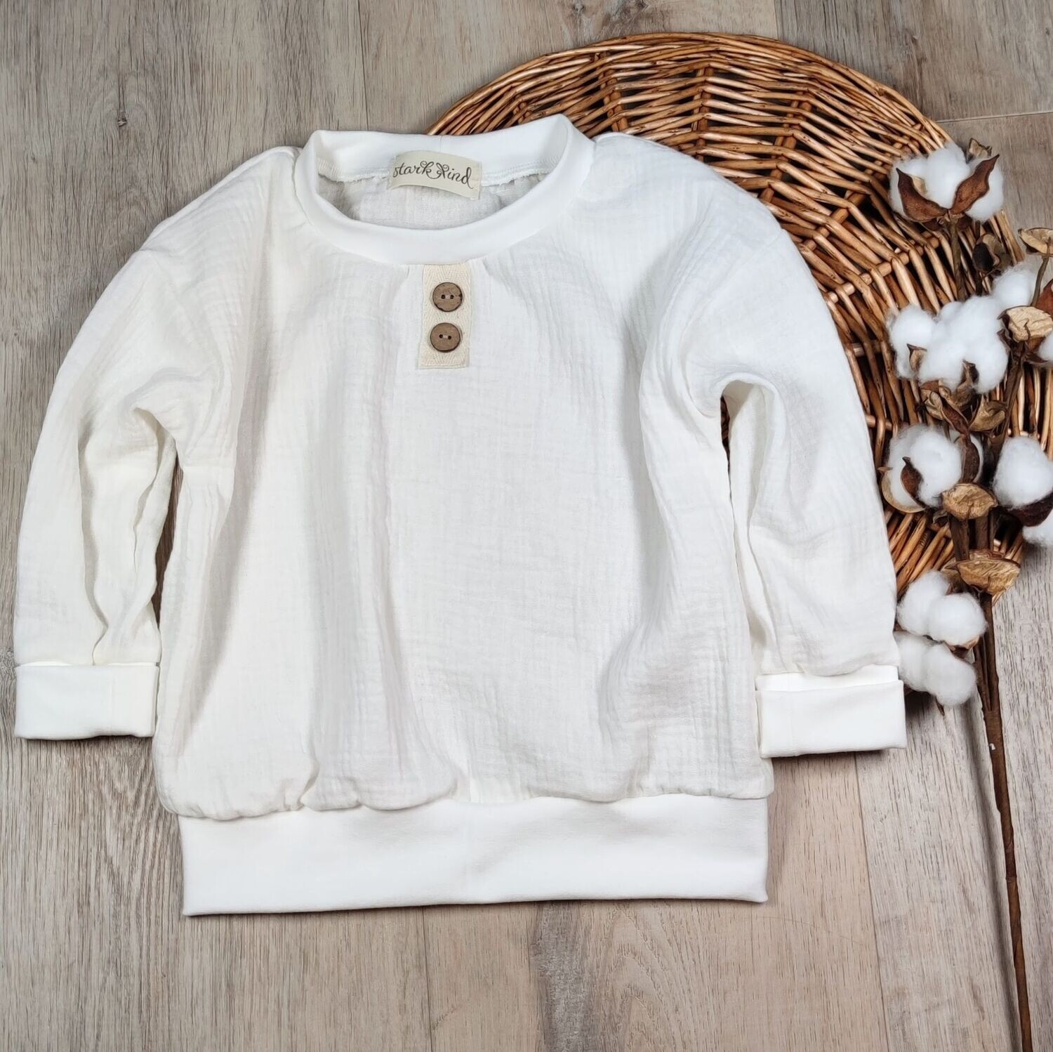 (Sofortkauf) Musselin Longsleeve Shirt - Off-White mit Knopfleiste - Gr. 86/92