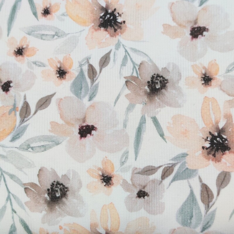 Longsleeve mit Volant - Rib Jersey Aquarellblumen Pfirsich 